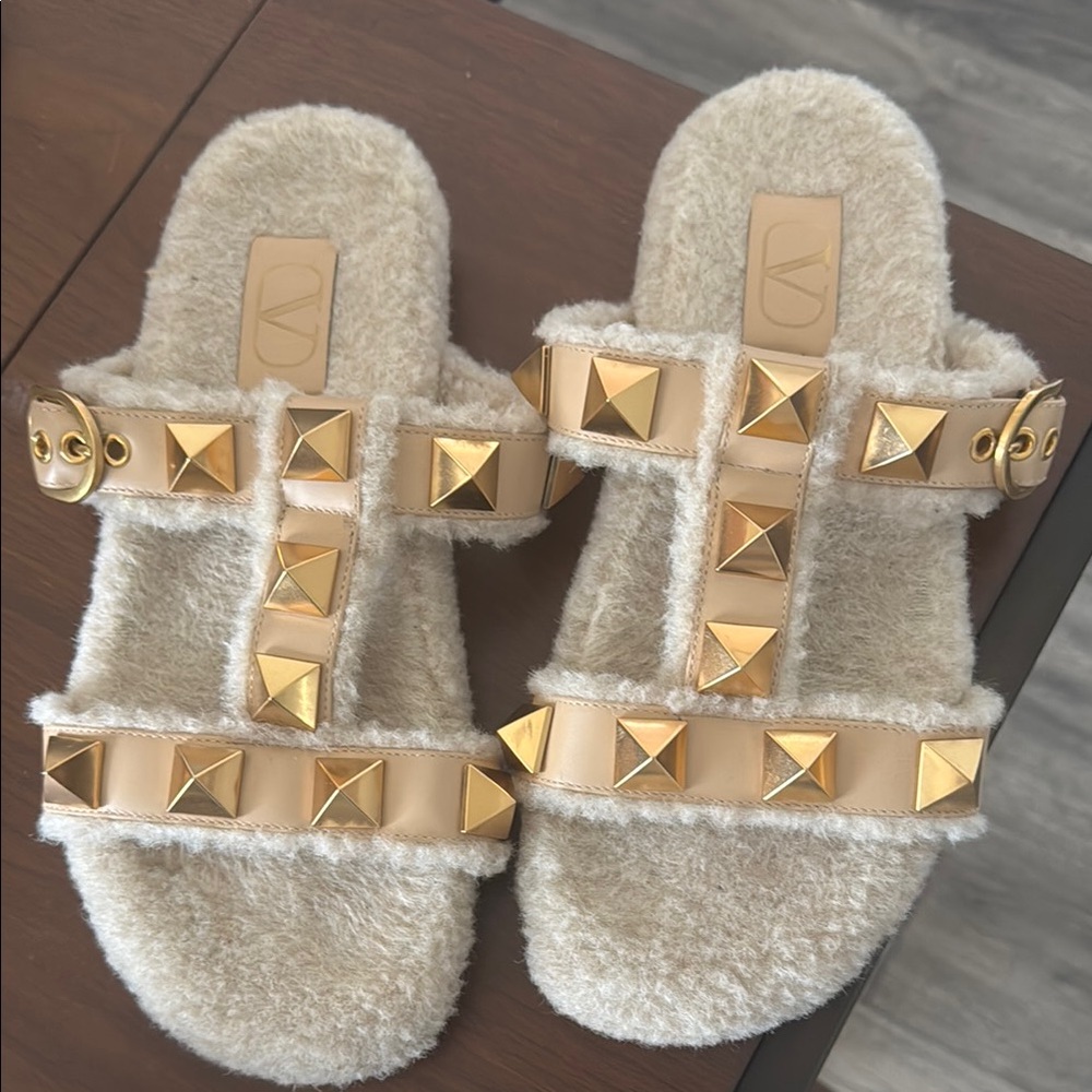 Valentino Cream and Gold Studded Sandals